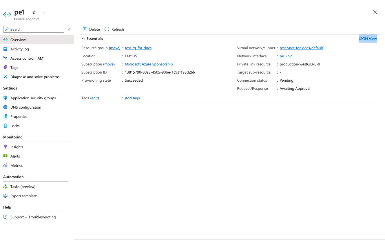 Просмотр частной конечной точки